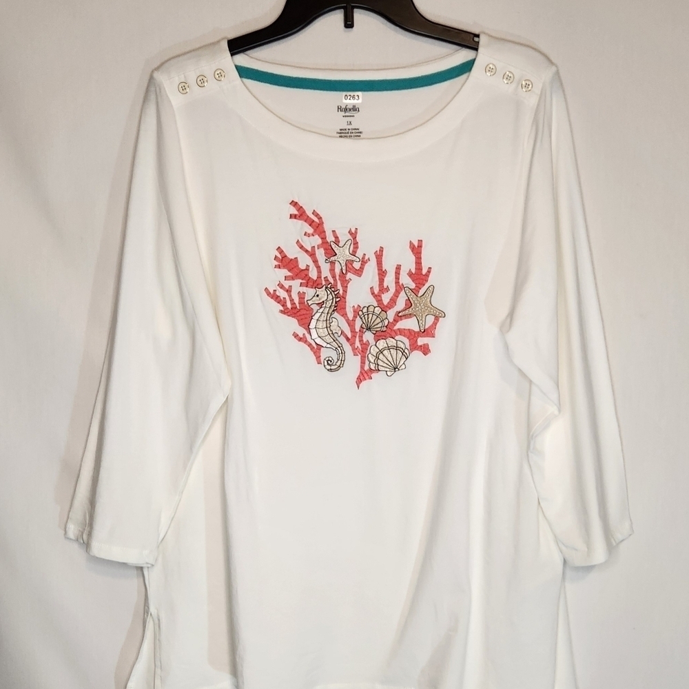 Rafaella White Long Sleeve Top with Seahorses And Coral Embroidery 1X Beachy